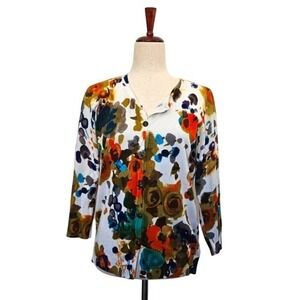 Willi Smith Women's Medium Floral Print Cardigan 3/4 Sleeve V Neck Button Front